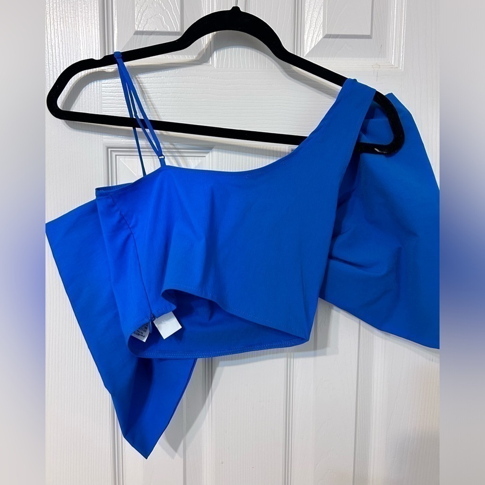 NWT ZARA, Asymmetric Voluminous Maxi Bow Tied Crop Top, Small in Blue - Picture 4 of 8
